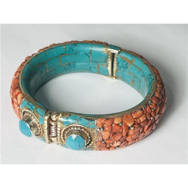 Natural Tibet Hand Made Coral & Turquoise Bangle