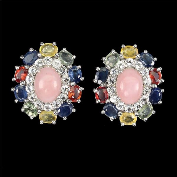 Natural Oval Pink Opal &  Sapphire Earrings