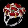 Image 1 : Natural Rich Red Coral Emerald Ruby 2 Tone Ring