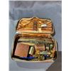 Image 2 : ANTIQUE CASE WITH ASSORTED ANTIQUES INCLUDING; LEVEL, SCALE WEIGHTS, COMPASS & MORE