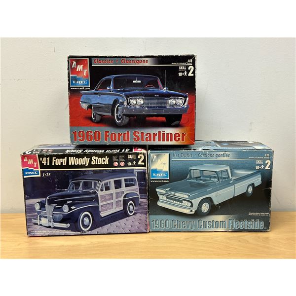 3 AMT Ertl Model Kits - Starliner / Chevy Fleetside / Ford Woody - Open box, look complete