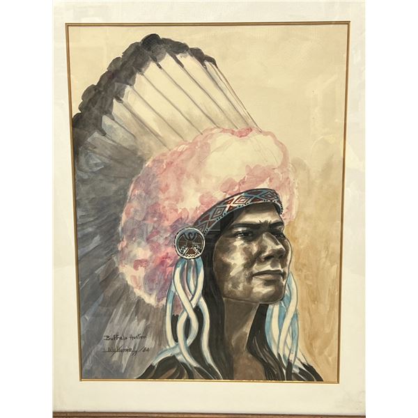 Artist Signed "Buffalo Hunter" Watercolor Framed Art - Frame has wear (see photos)
