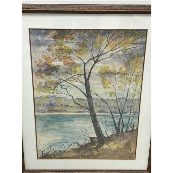 Nice Landscape Trees Lake Watercolor - Unknown Artist - Larger Frame approx: 29.5x23.5"
