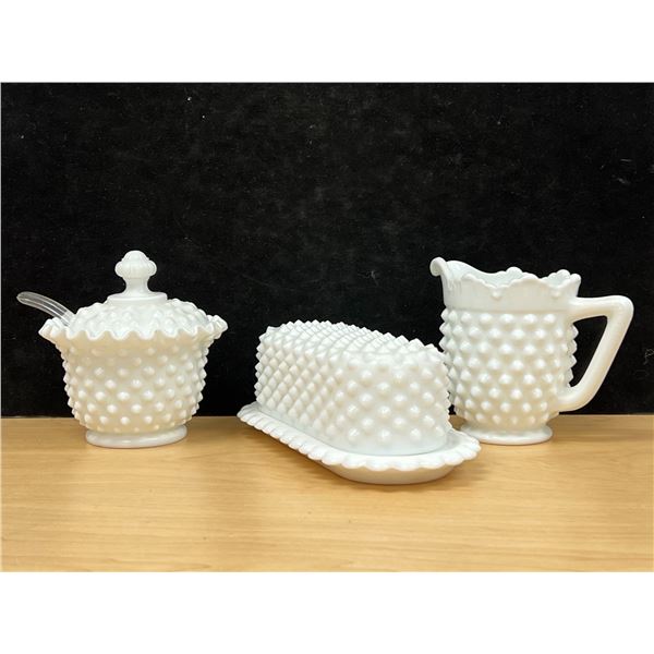 Vintage Fenton Hobnail Milk Glass Creamer Sugar & Butter Dish as pictured