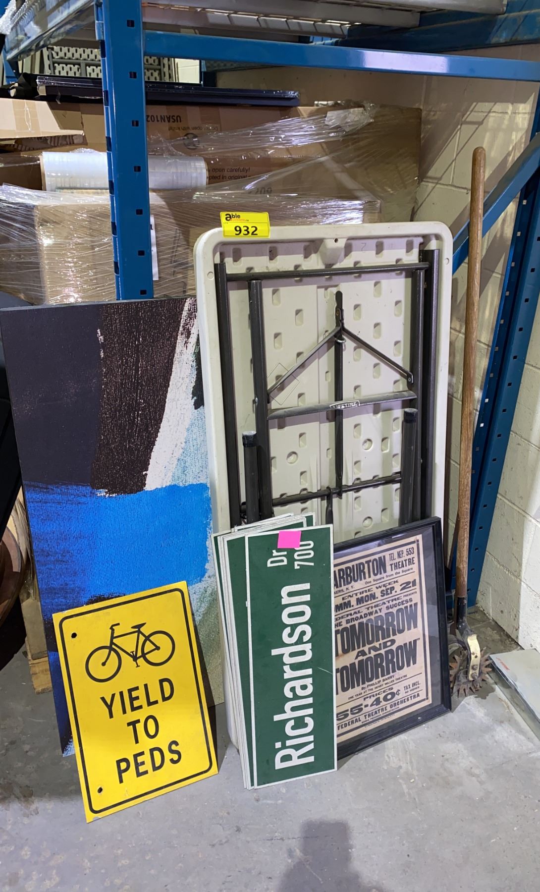 SMALL FOLDING TABLE, STREET SIGNS, ARTWORK AND EDGER - Able Auctions