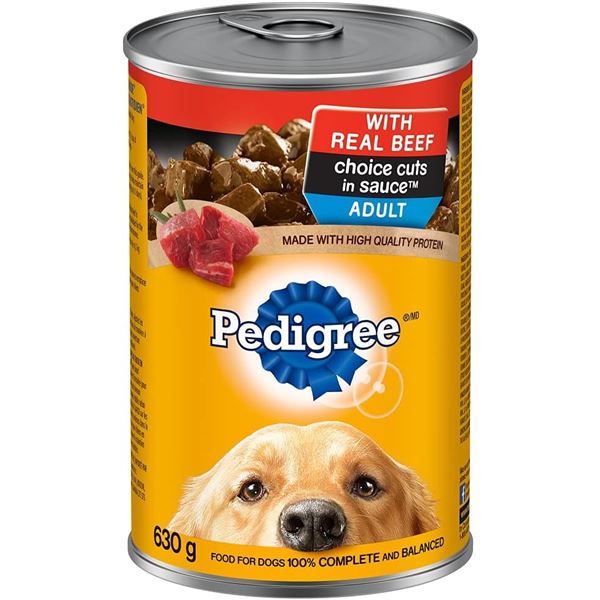 FLAT WITH 12 630G CANS PEDIGREE BEEF WET DOG FOOD