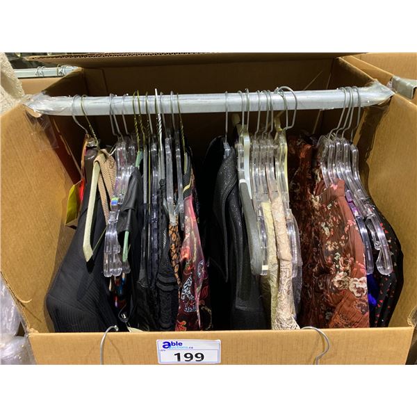 WARDROBE BOX OF ASSORTED CLOTHING INCLUDING; JACKETS, DRESSES, SHIRTS & MORE