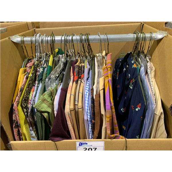 WARDROBE BOX OF ASSORTED CLOTHING INCLUDING; SUMMER SHIRTS, DRESS SHIRTS, VESTS & MORE