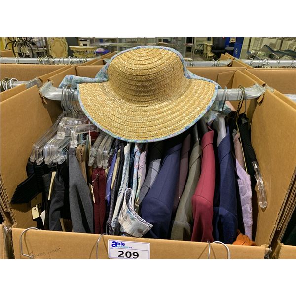 WARDROBE BOX OF ASSORTED CLOTHING INCLUDING; SUIT JACKETS, SUMMER SHIRTS, SKIRTS & MORE