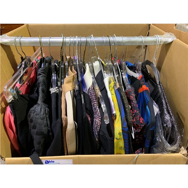 WARDROBE BOX OF ASSORTED CLOTHING INCLUDING; DRESSES, SHIRTS & PANTS