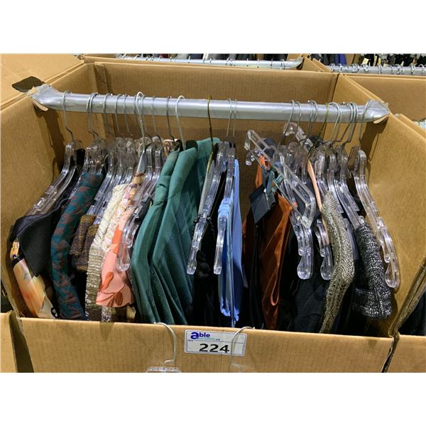 WARDROBE BOX OF ASSORTED CLOTHING INCLUDING; SHIRTS, DRESSES, ROBE & MORE
