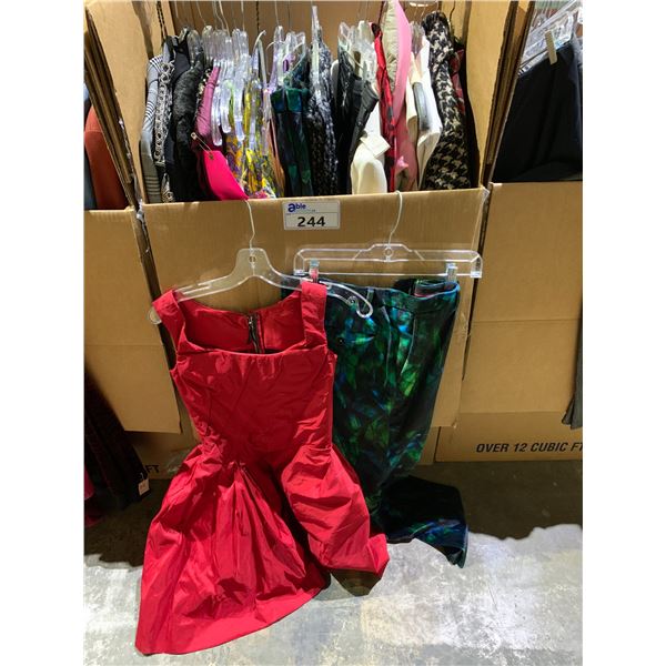WARDROBE BOX OF ASSORTED CLOTHING INCLUDING; JACKETS, DRESSES, PANTS & MORE