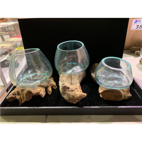 3 HAND MADE MOLTEN GLASS BOWLS ON TEAK BASES