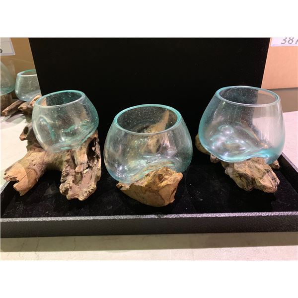 3 HAND MADE MOLTEN GLASS BOWLS ON TEAK BASES