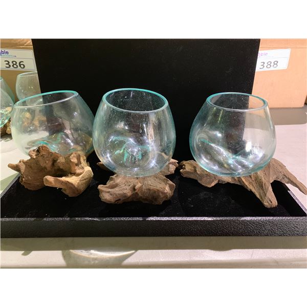 3 HAND MADE MOLTEN GLASS BOWLS ON TEAK BASES