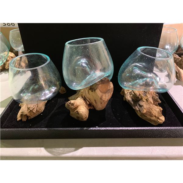 3 HAND MADE MOLTEN GLASS BOWLS ON TEAK BASES