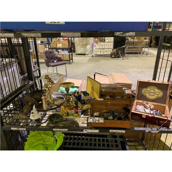 SHELF OF ASSORTED ITEMS INCLUDING; HOME DECOR, CIGAR BOXES, RUSTIC BELL & MORE