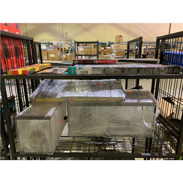 2 SHELVES OF ASSORTED REPTILE HABITAT EQUIPMENT INCLUDING; 2 TANKS, LED BAR LIGHTS, UNDER TANK