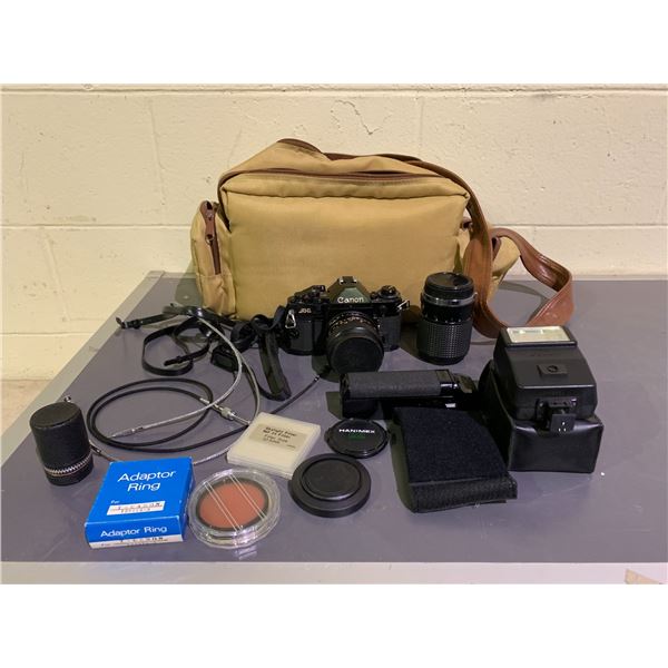CANON A-1 VINTAGE CAMERA WITH CARRYING BAG AND ACCESSORIES