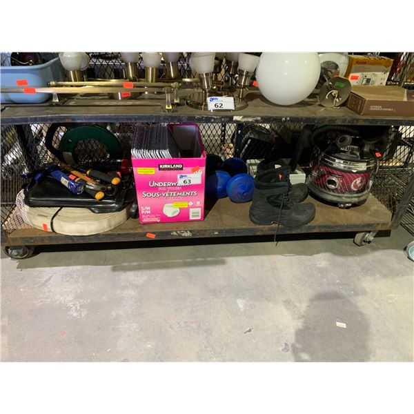 SHELF LOT OF ASSORTED ITEMS INCLUDING; HAMMERS, WEIGHTS, SIZE 11 MEN'S BOOTS AND MORE