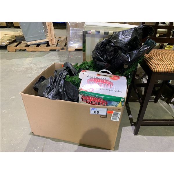 BOX OF ASSORTED ITEMS INCLUDING; SIZE 10.5 MEN'S BOOTS, INFLATABLE SNOWMAN AND MORE