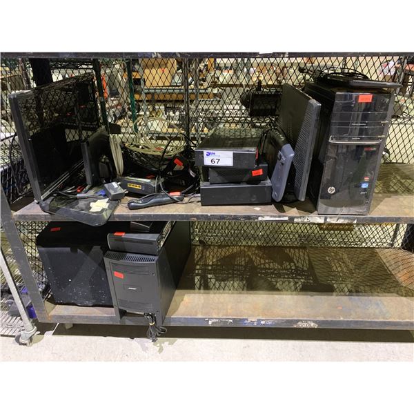 2 SHELVES OF ASSORTED COMPUTER MONITORS, DVRS AND MORE