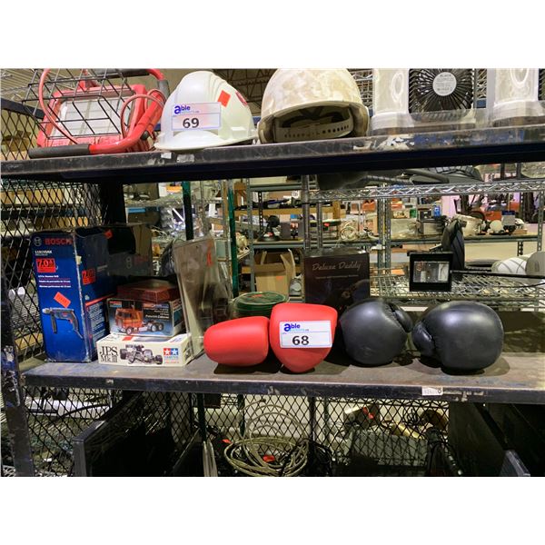 LOT OF BOXING GLOVES, BOSCH HAMMER DRILL AND MORE