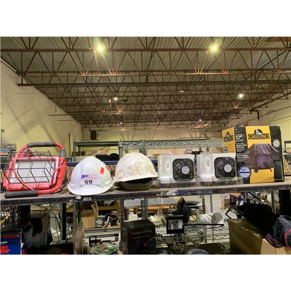 SHELF LOT OF HARD HATS, GRILL PRO GAS BBQ COVER AND MORE