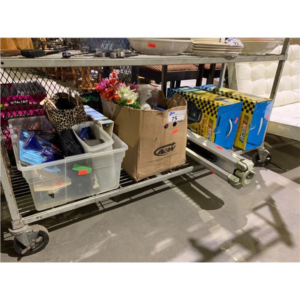 SHELF LOT OF ASSORTED ITEMS INCLUDING; FAKE FLOWERS, BALLOONS, NASCAR SEAT WARMERS AND MORE