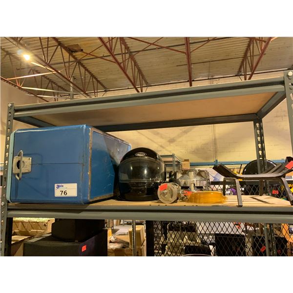 SHELF LOT OF ITEMS INCLUDING; MOTORCYCLE HELMET, COOLER AND MORE