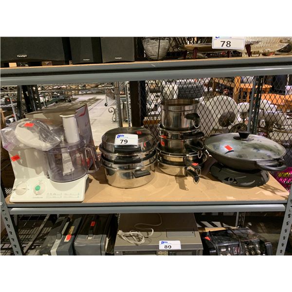 SHELF LOT OF POTS, PANS AND MORE