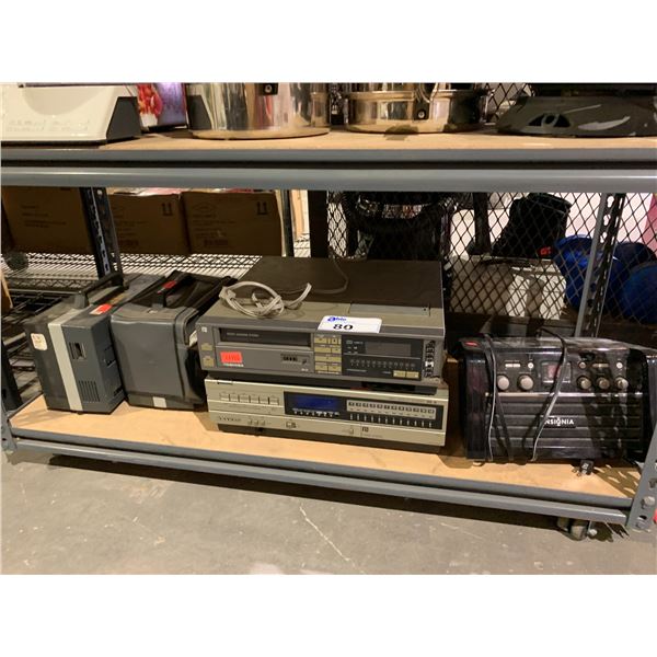 SHELF LOT OF VINTAGE STEREO EQUIPMENT AND INSIGNIA RADIO