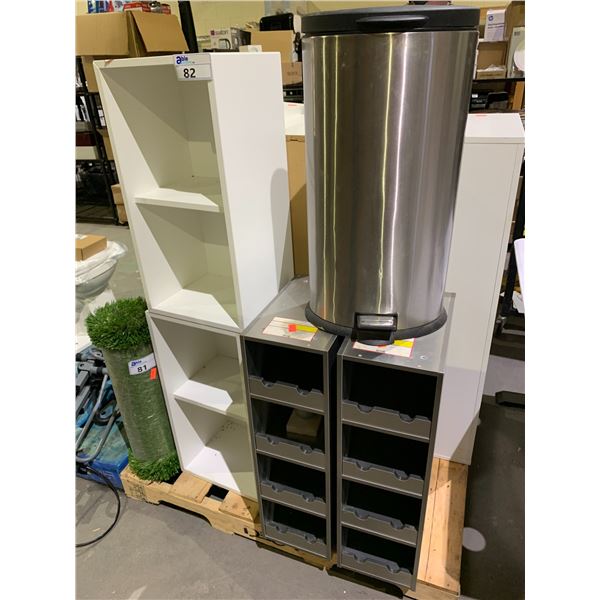 LOT OF 2 WHITE SHELVING UNITS, GARBAGE CAN AND MORE