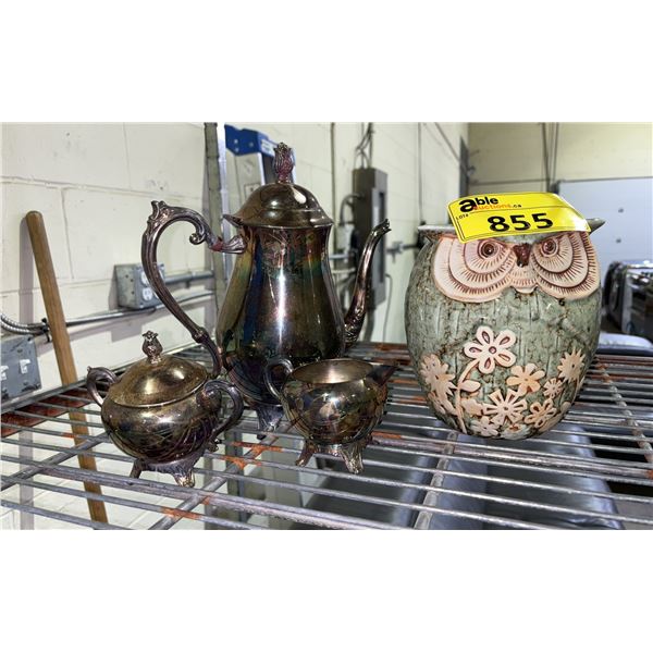 3 PIECE TEA SET AND OWL DECOR