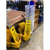 Image 1 : 2 - YELLOW COMMERCIAL JANITORIAL MOP BUCKETS, WET FLOOR SIGNS, STACK OF SPAGUARD BUCKETS WITH LIDS,