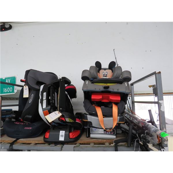 Child Car Seats, Tire Pump, Tripods, Canes On Shelf