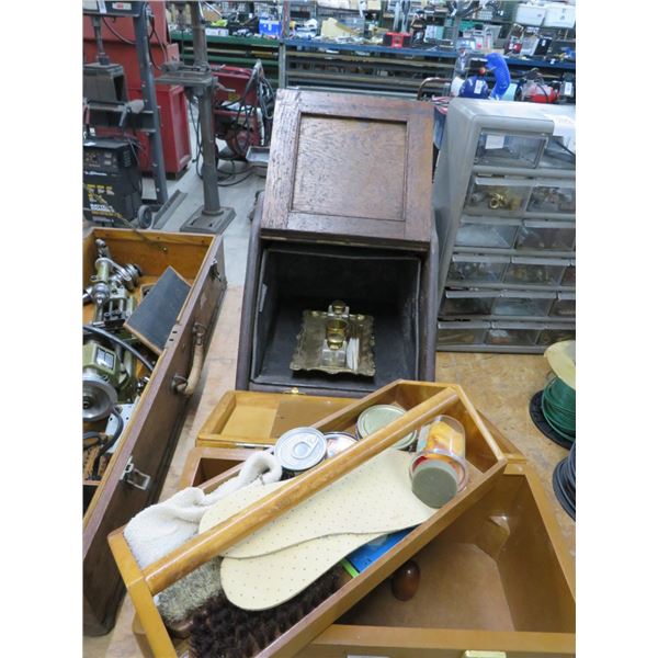 Shoeshine Kit, Wooden Storage Box, Cast Brass Caligraphy Set