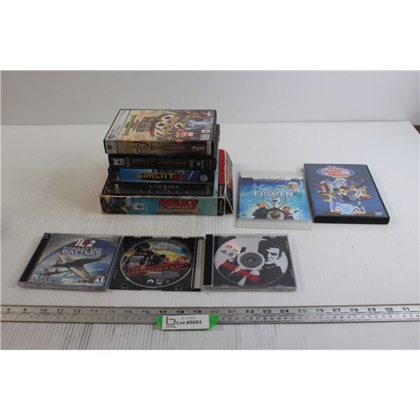 Frozen DVD, Mickey's House of Mouse Villains DVD, (8) PC Games - Sim City 4, Star Trek Legacy, Max P