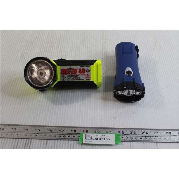 (2) Flashlights - Yellow and Black (No Battery), Blue Handcrank LED Flashlight