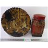 Image 1 : Vintage Woven Bamboo Canister and Lacquered Hand Painted Plate