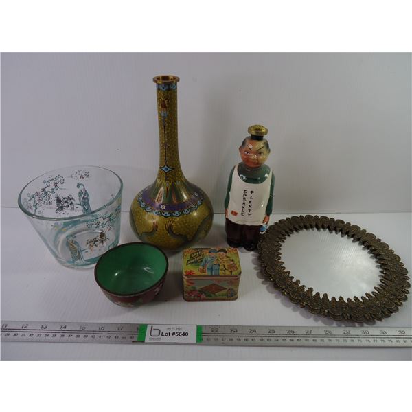 (6) Pieces-Spice Jar, Ice Bucket, Mirror, Tin, Vase, Bowl