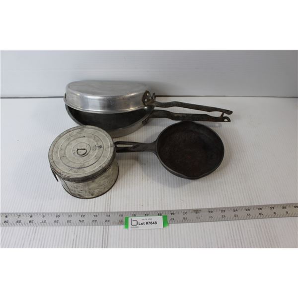 Tin Pot Camping Stove, Small Cast Iron Frying Pan, Wear-Ever Aluminum Cook Pan