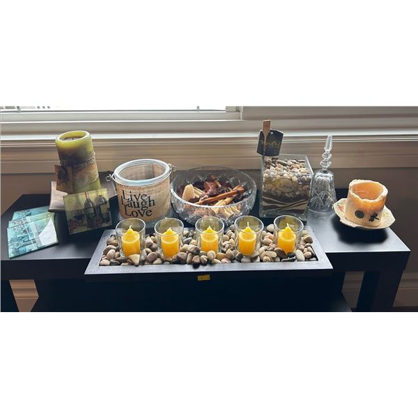 Assorted Collection of Inside Home Decor includes Candles, Holders, Crystal Bowl and More