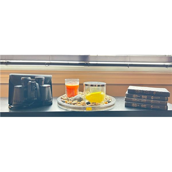 Assortment of Household Items Bushnell Binoculars, Vintage Builders Books & Candle Display Decor