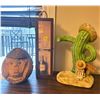 Image 1 : Assorted Collection of Inside Home Decor - Cactus Statue, Coconut Monkey Coin Bank and Wine Case