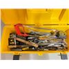 Image 2 : Yellow Tool Box with Misc Hand Tools includes Wrenchs, Vice Grips, Saws and More