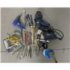 Image 1 : Assortment of Misc Hand Tools, Jig Saw, Spoade Bits, Heat Gun, Air Chizel and More