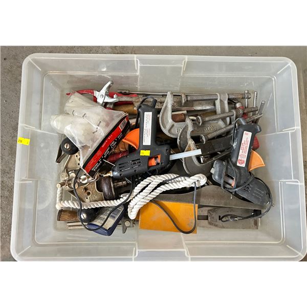 Rubbermaid Storage Bin with Misc Tools, Plains, C-Clamps, and More