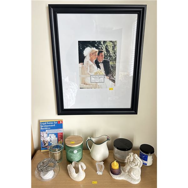 Assorted Collection of Inside Home Decor includes Picture Frame, Candle Holders/ Candles and More