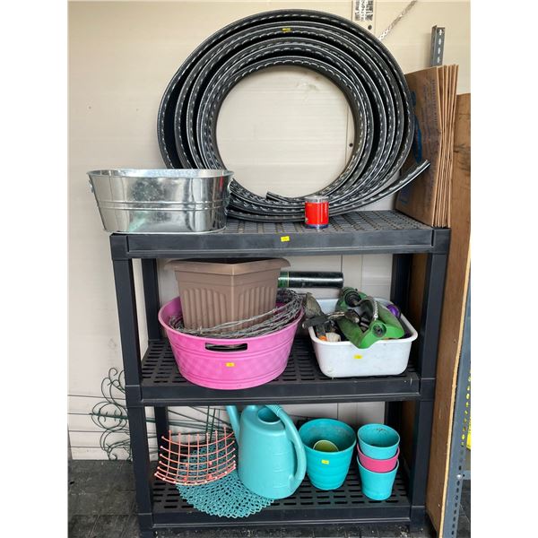 Utility Shelf With Assorted Collection Of Outdoor Home Items - Sprinkler, Hand Tools, Edging & More